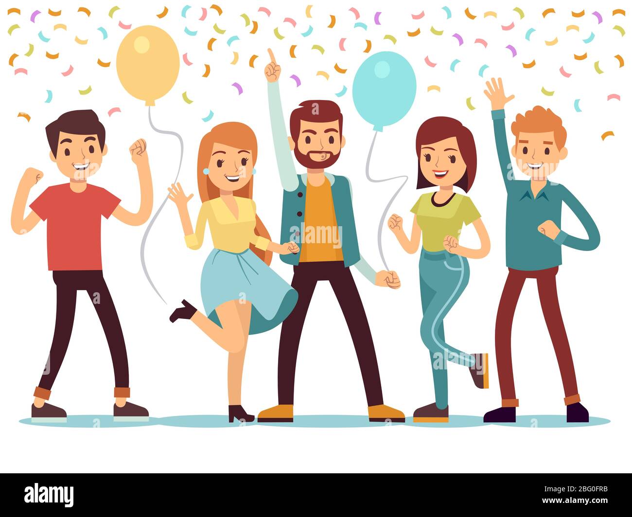 Ridere e ballare i giovani a festa. Uomini e donne felici celebrano un evento importante. Illustrazione vettoriale. Persone in gruppo, donna e uomo h Illustrazione Vettoriale