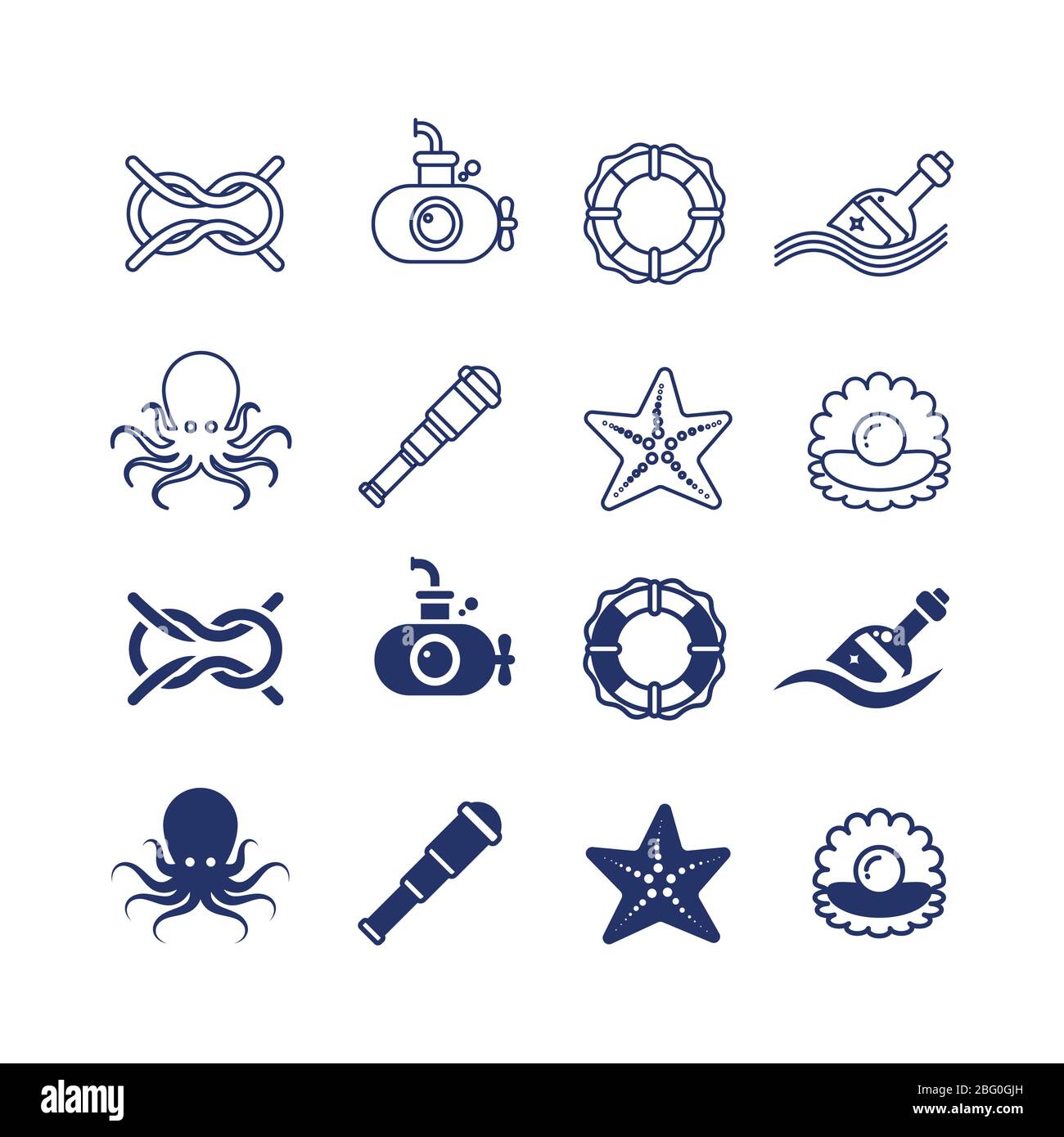 Mare, oceano, marina, sottile linea nautica e silhouette icone. Illustrazione vettoriale Illustrazione Vettoriale