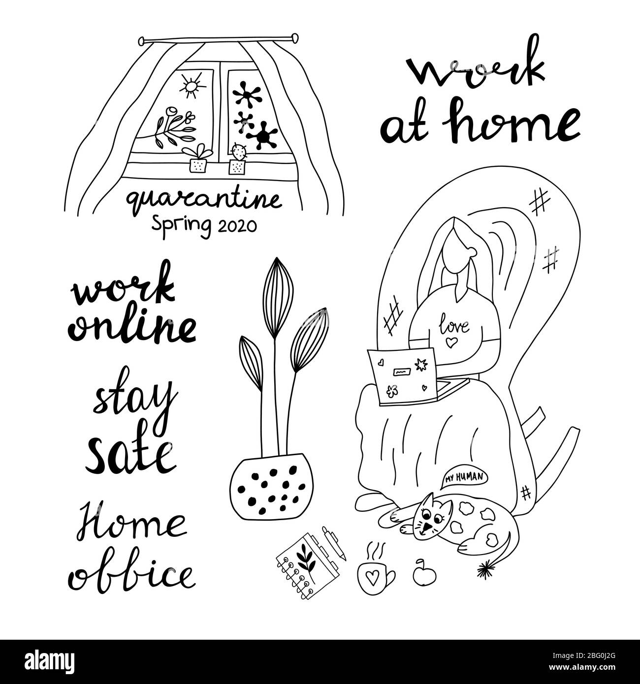 Set di isolamento per doodle disegnate a mano. Lavoro a casa, online, sicurezza. Ragazza seduta su una poltrona che lavora su un computer portatile. Il gatto si trova ai suoi piedi. Nella finestra Illustrazione Vettoriale