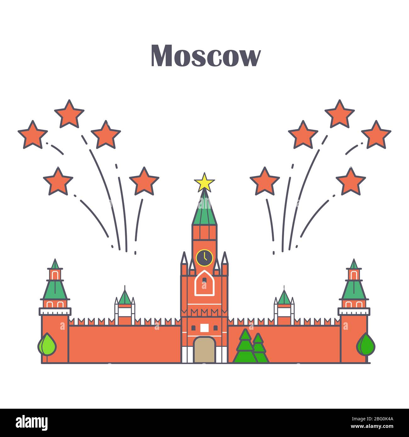 Brillante Cremlino di Mosca lineare con fuochi d'artificio a stelle rosse. Illustrazione vettoriale Illustrazione Vettoriale