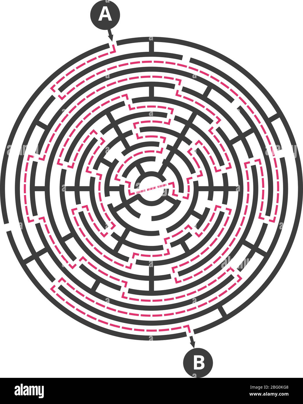 Gioco per bambini con labirinto rotondo. Modello vettoriale labirinto puzzle. Illustrazione del gioco a labirinto rotondo, labirinto preschool Illustrazione Vettoriale