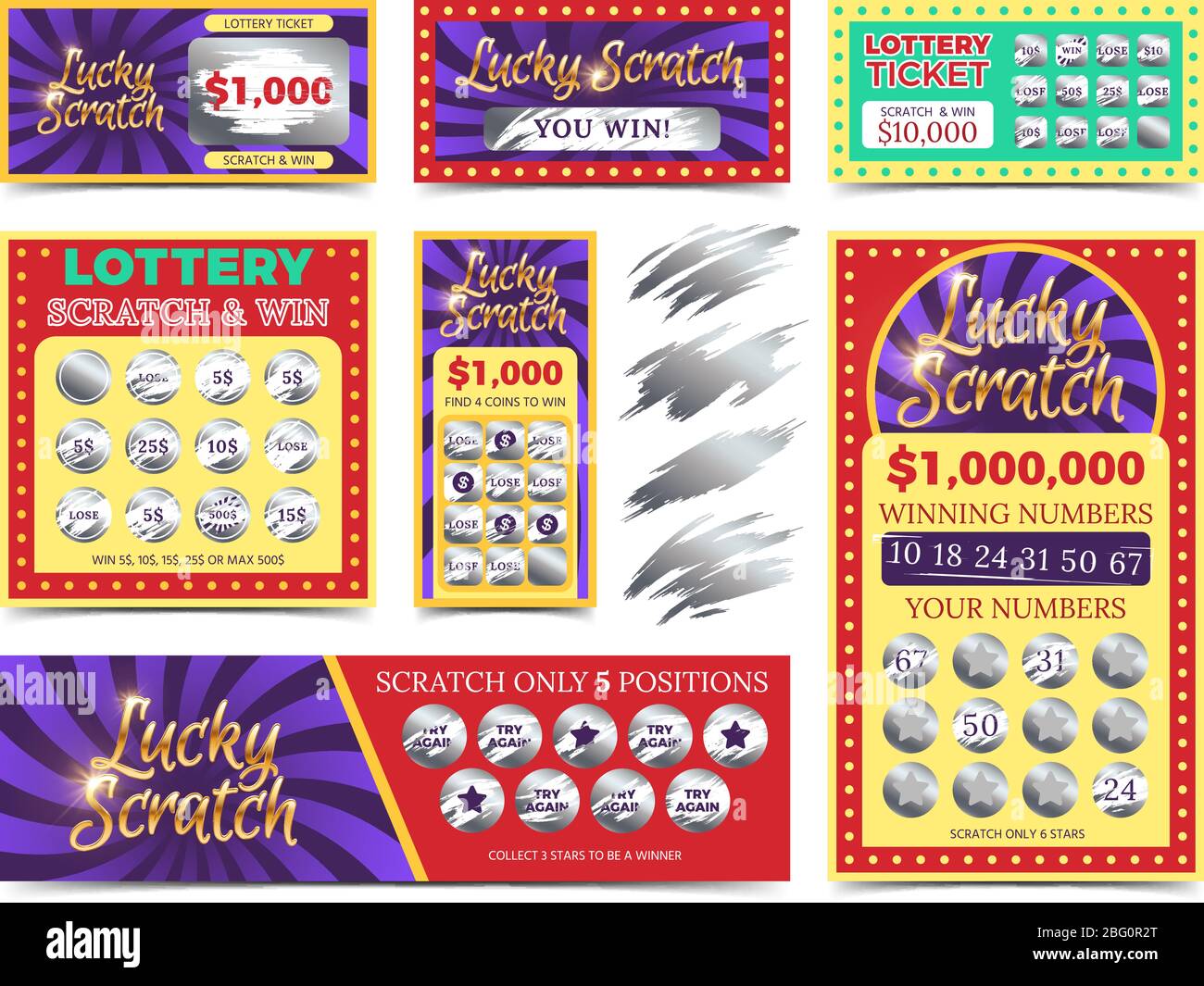 Vincita lotto biglietti e scratch carte vettore set. Vinci il gioco nell'illustrazione della lotteria Illustrazione Vettoriale