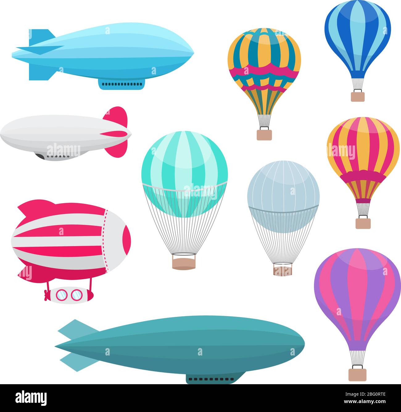 Set vettoriale per palloncini ad aria calda Cartoon. Mongolfiera colorata con cesto per il viaggio e il trasporto aereo Illustrazione Vettoriale