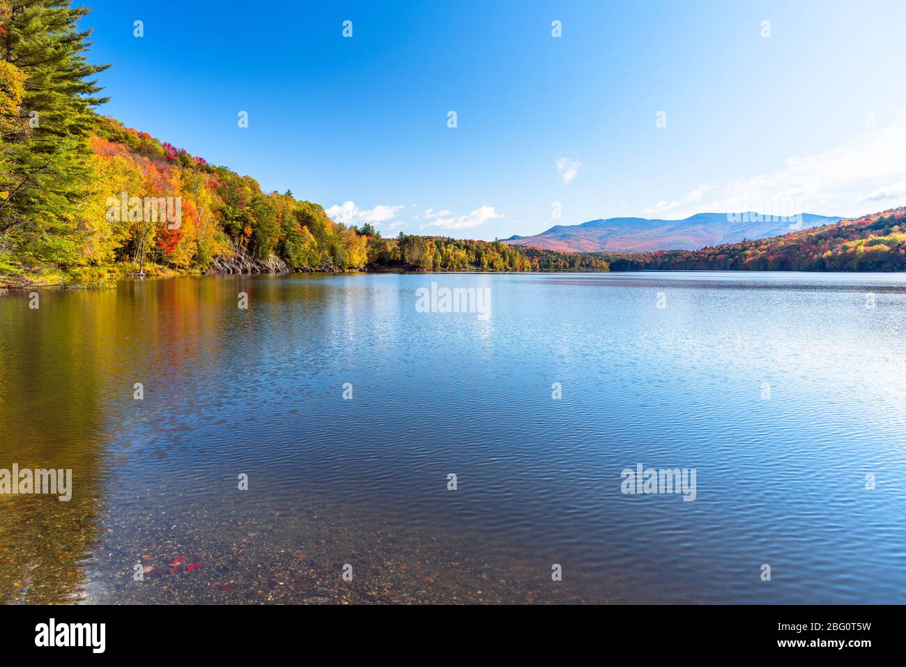 Lago di montagna circondato da alberi decidui in cima al fogliame caduta in una mattinata soleggiata. Riflessione in acqua. Foto Stock