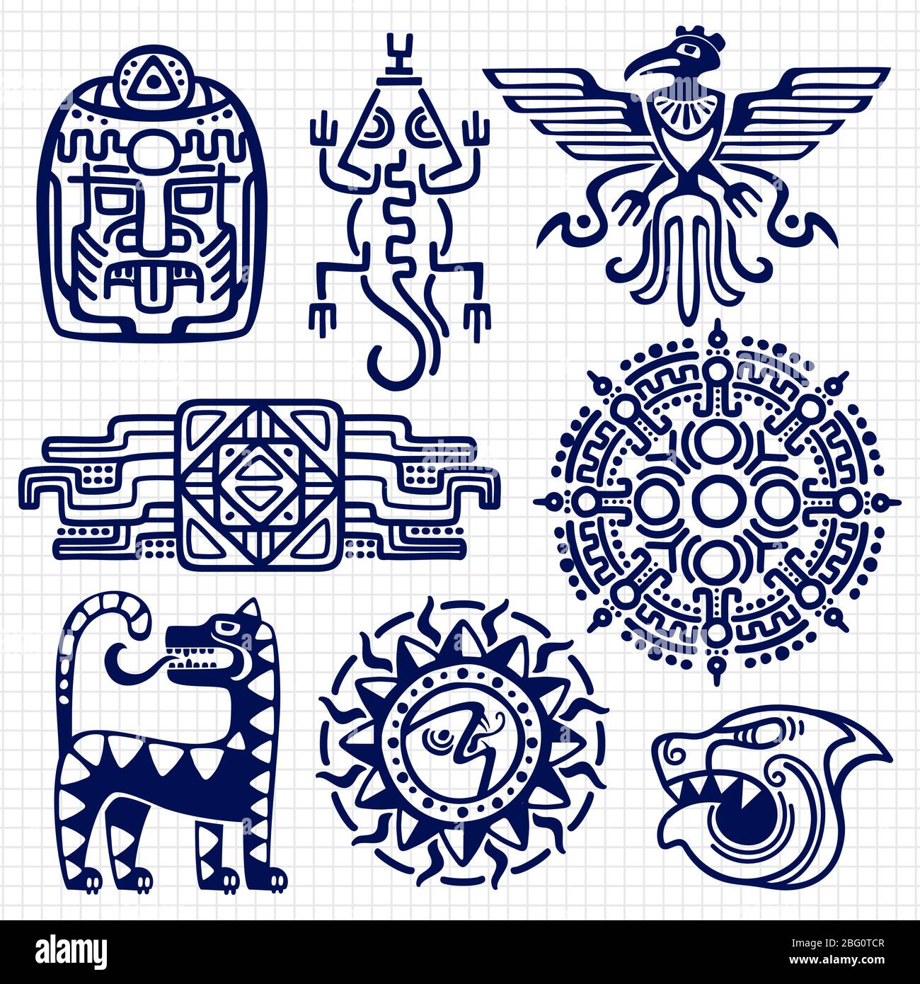 Penna a sfera aztec americano, cultura maya nativi totem su sfondo notebook. Mascotte americane indiane e messicane. Illustrazione vettoriale Illustrazione Vettoriale