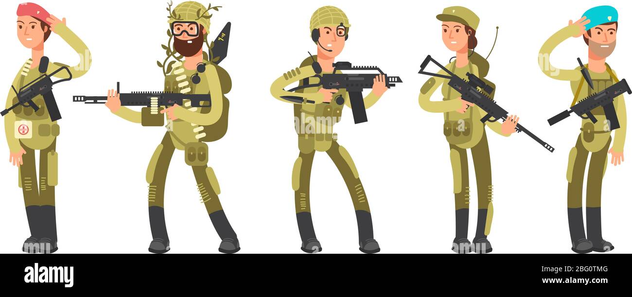 Esercito degli Stati Uniti cartoon uomo e donna soldati in uniforme. Illustrazione vettoriale di concetto militare. Professione di soldato americano, ufficiale e reclutamento Illustrazione Vettoriale