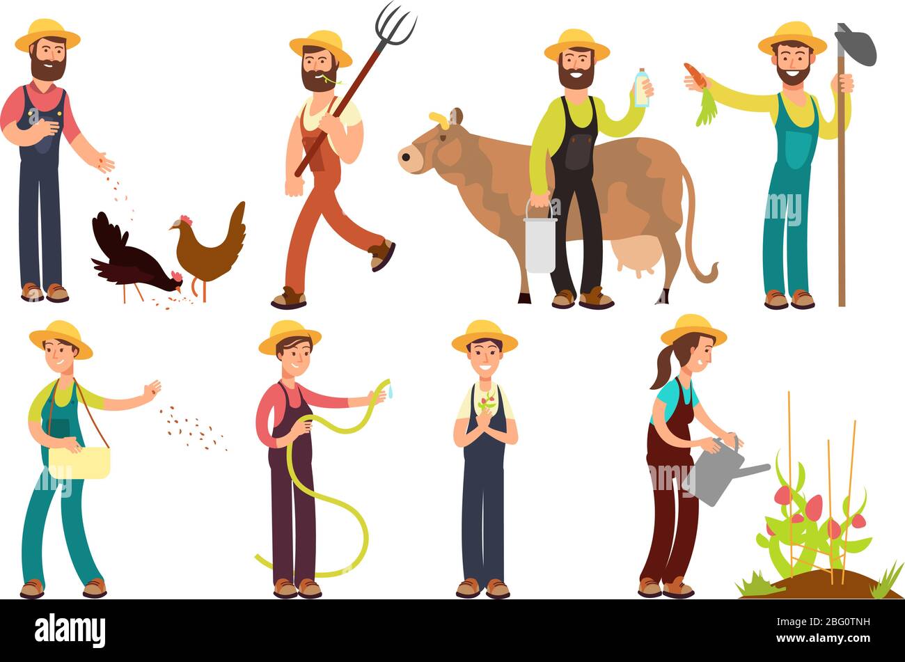 Cartoon contadino e giardinieri con attrezzi e animali da fattoria personaggi vettoriali. Agricoltore operaio che coltiva, agricoltura e illustrazione di mucca Illustrazione Vettoriale