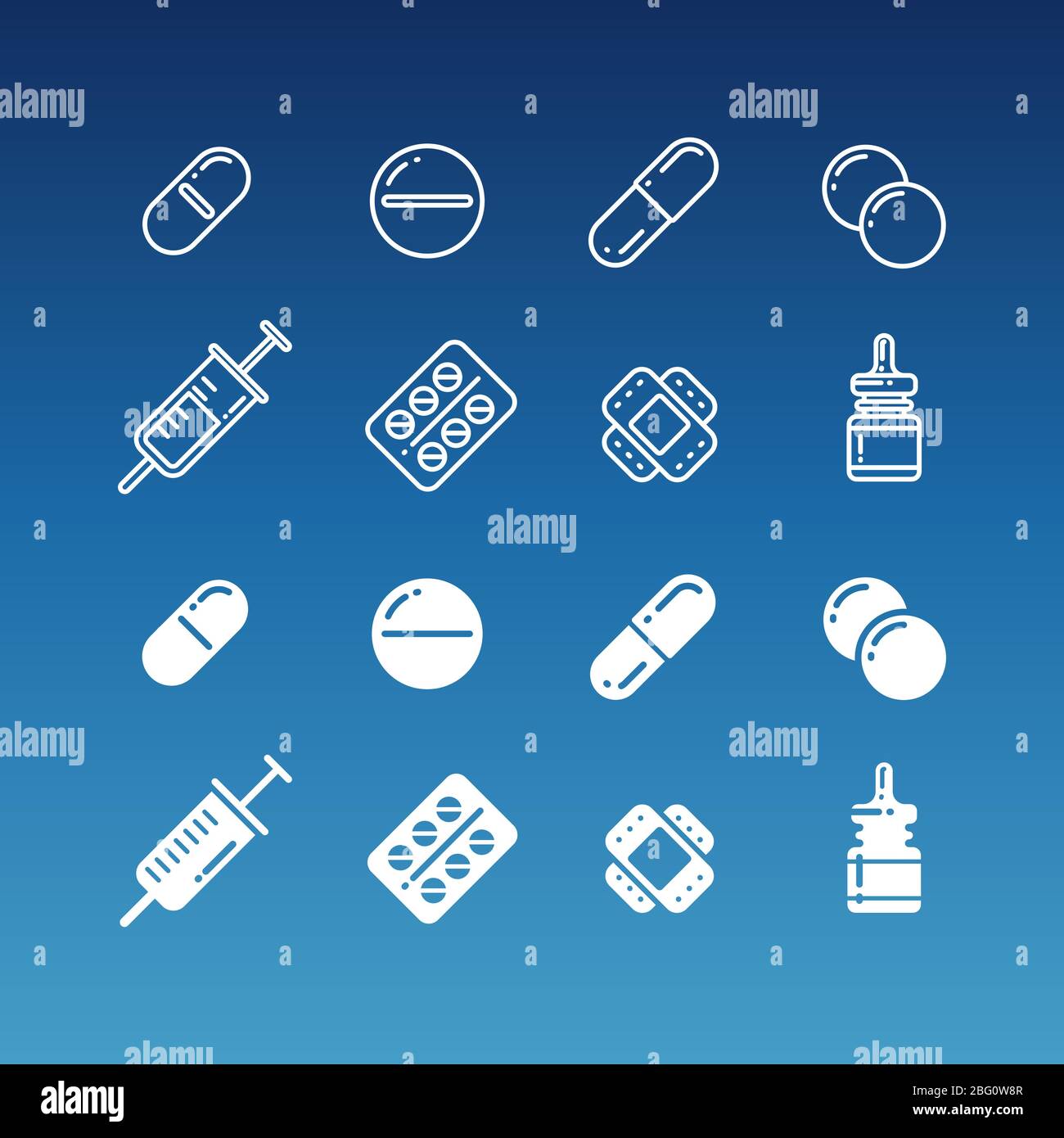 Icone di linea e di silhouette dei farmaci - pillole flaconi di farmaci. Illustrazione vettoriale Illustrazione Vettoriale