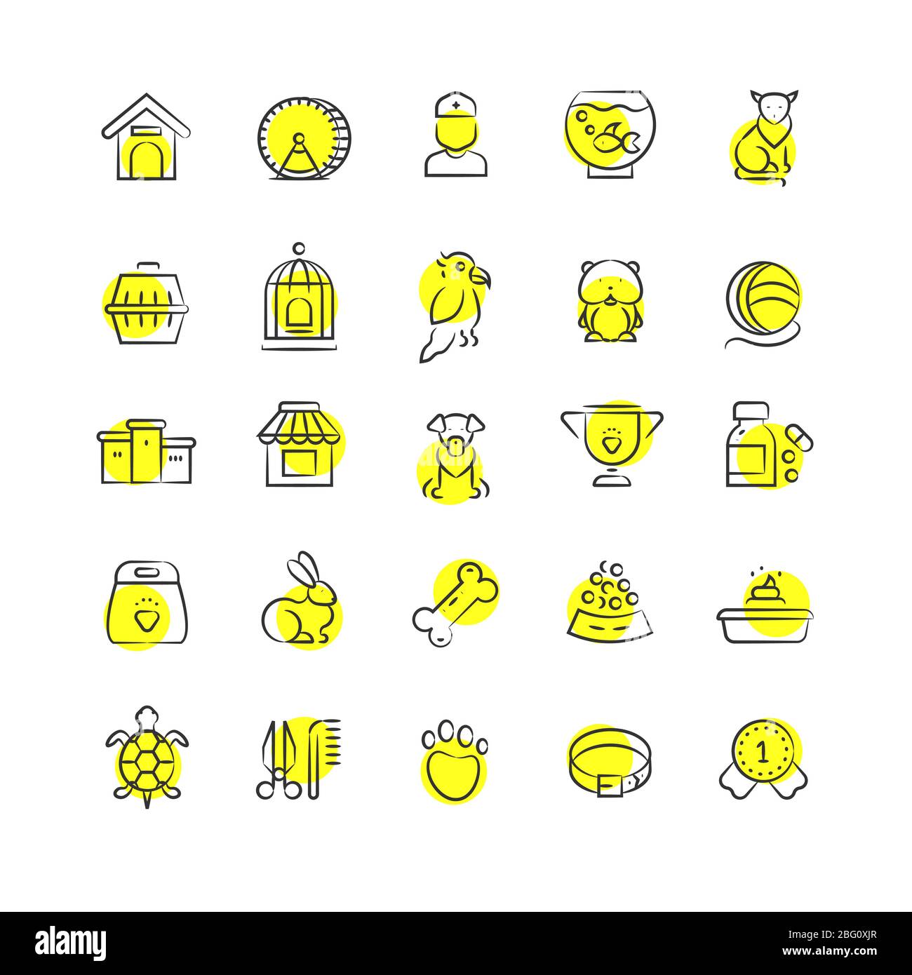 Negozio di animali domestici, animali e accessori per animali domestici icone lineari con tondi gialli isolati su sfondo bianco. Illustrazione vettoriale Illustrazione Vettoriale