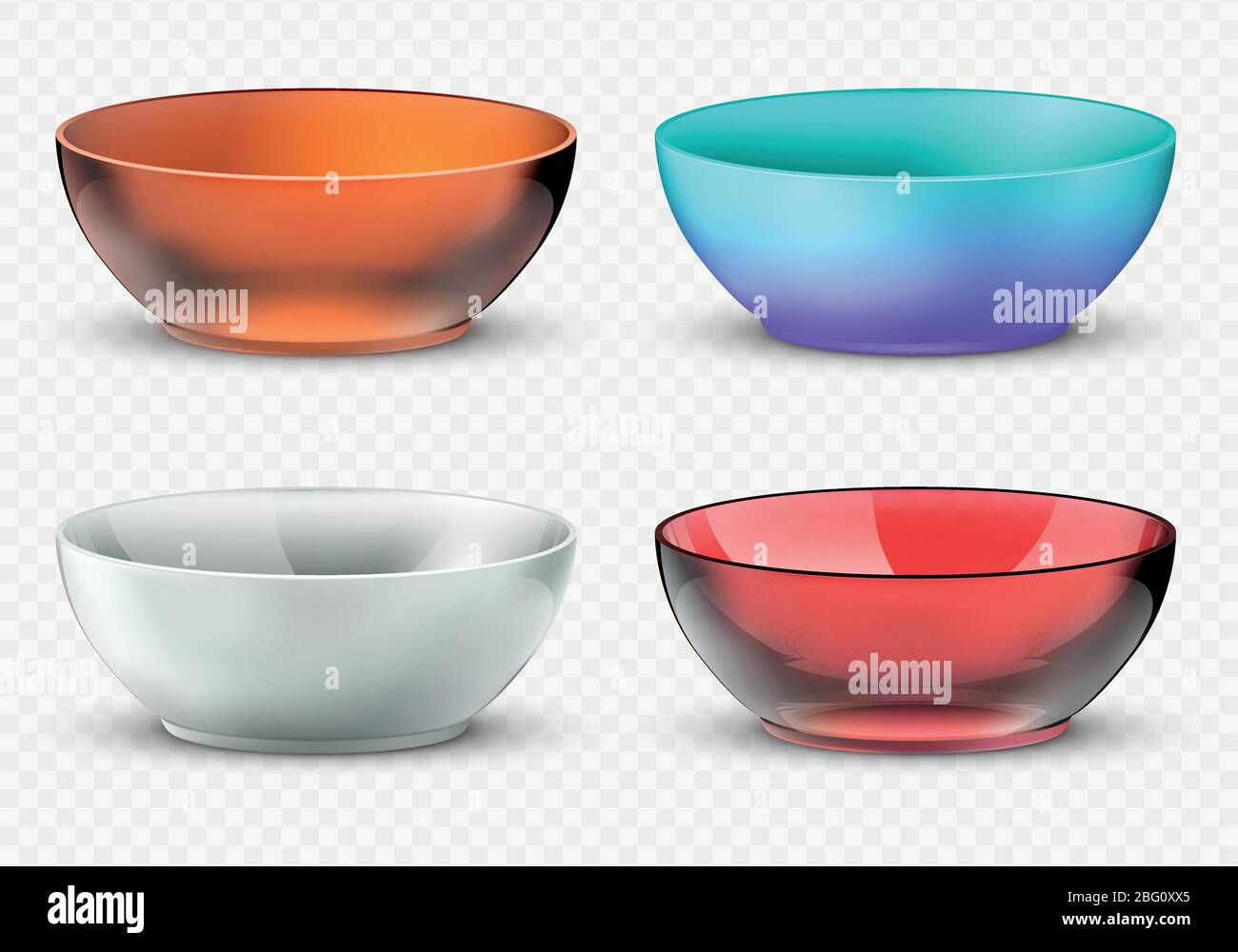 Vuoto realistico contenitori di cibo vettoriale. Set di stoviglie in plastica, vetro e porcellana. Recipiente per alimenti, vasellame di vetro vuoto raccolta Illustrazione Vettoriale