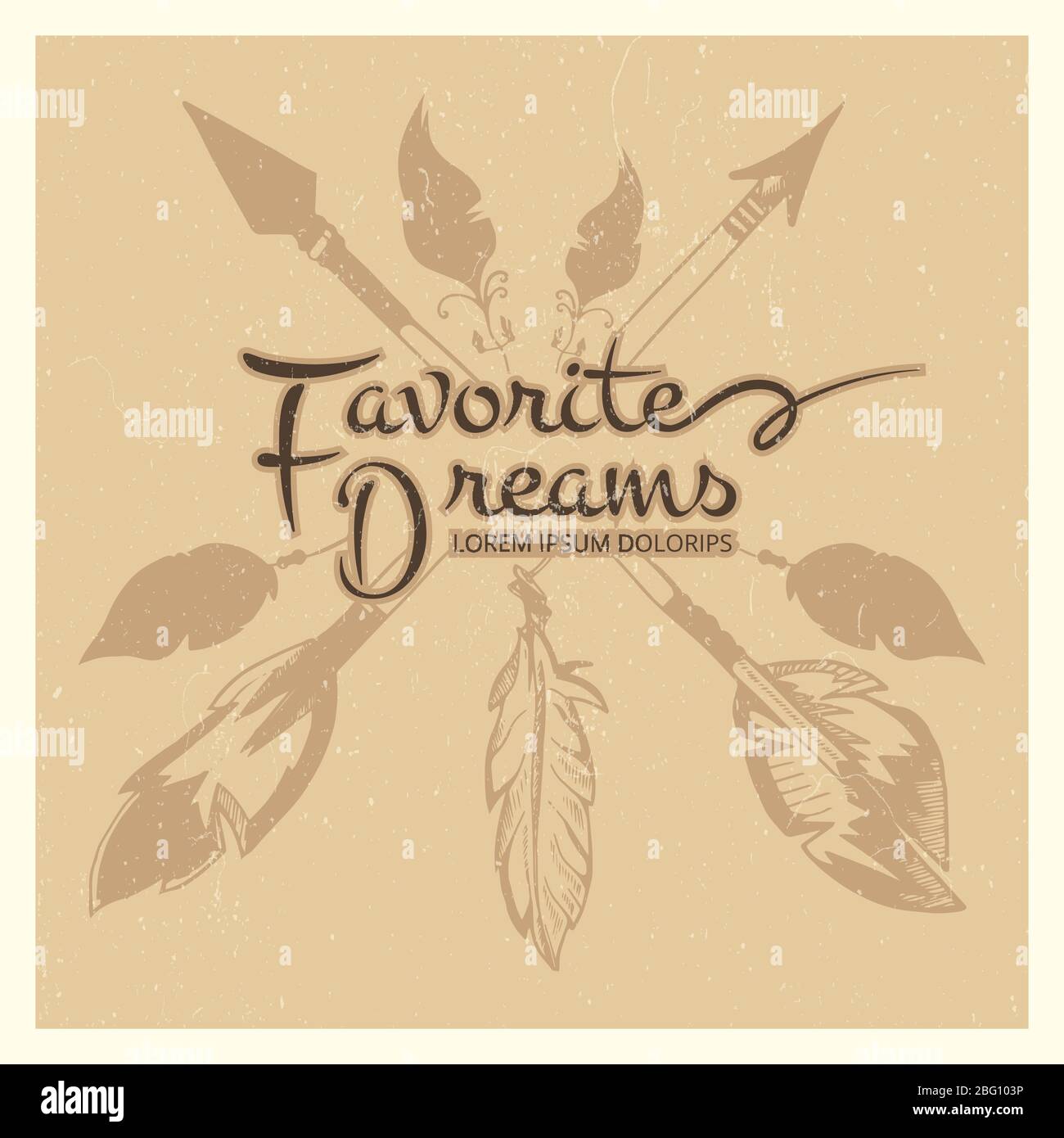 Grunge hipster moda, apache, american indian, boho poster vintage con frecce e piume. Vettore sogno catcher tribale con piuma e freccia illu Illustrazione Vettoriale