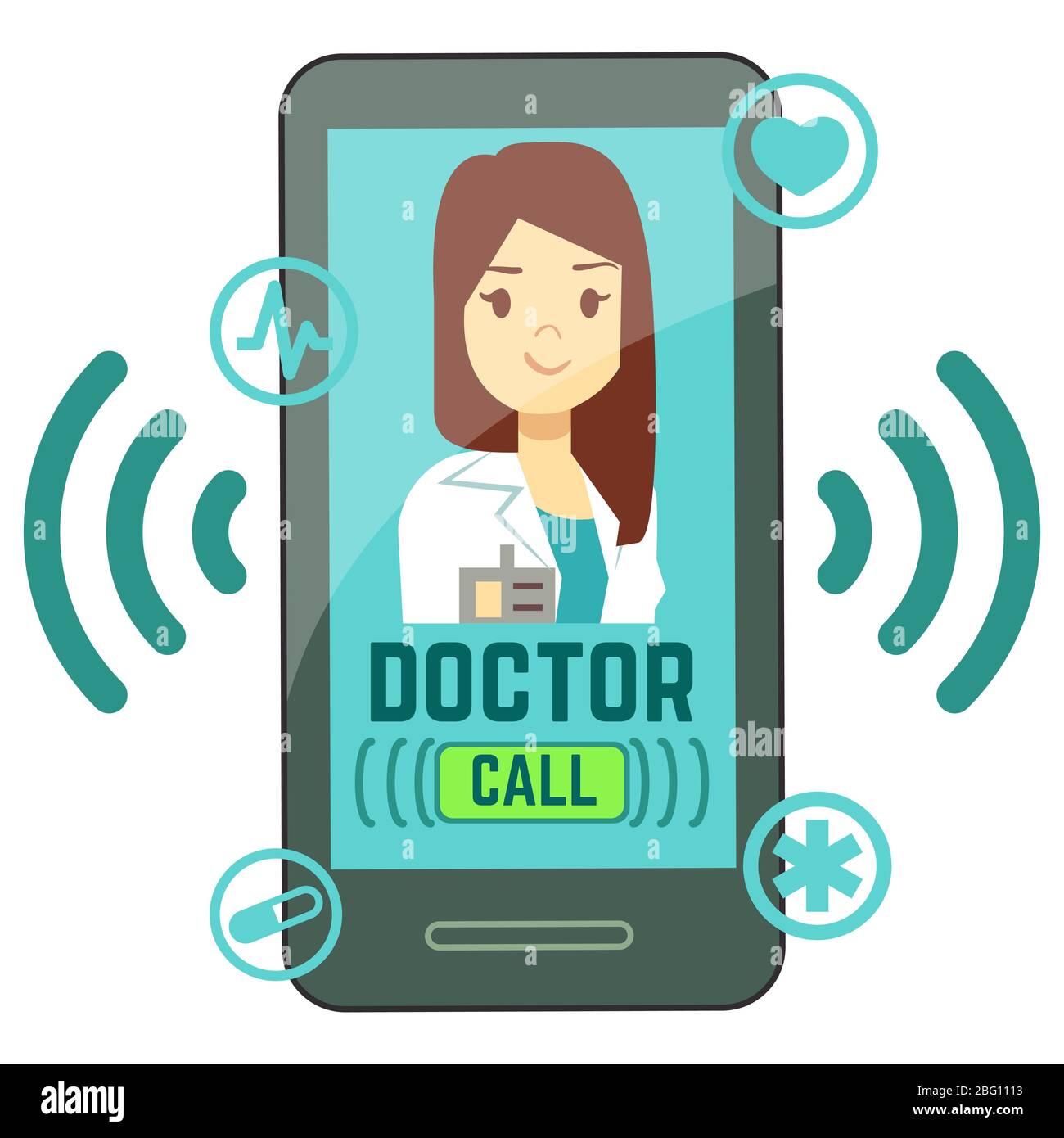 Medico mobile piatto, consulente medico personalizzato sullo schermo dello smartphone. Medicina online, medico di consultazione su smartphone app. Illustrazione vettoriale Illustrazione Vettoriale