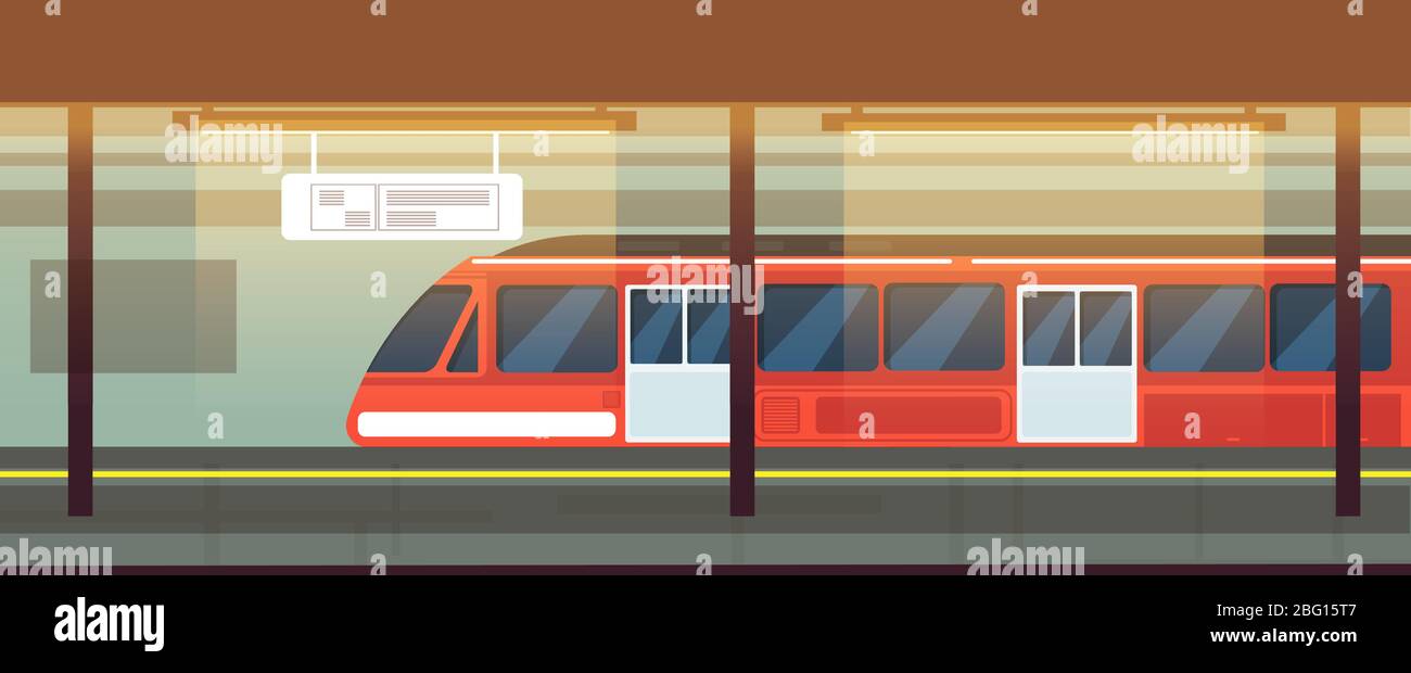 Interno della stazione metropolitana vuoto con illustrazione vettoriale del treno della metropolitana. Metropolitana, metropolitana, trasporto ferroviario Illustrazione Vettoriale