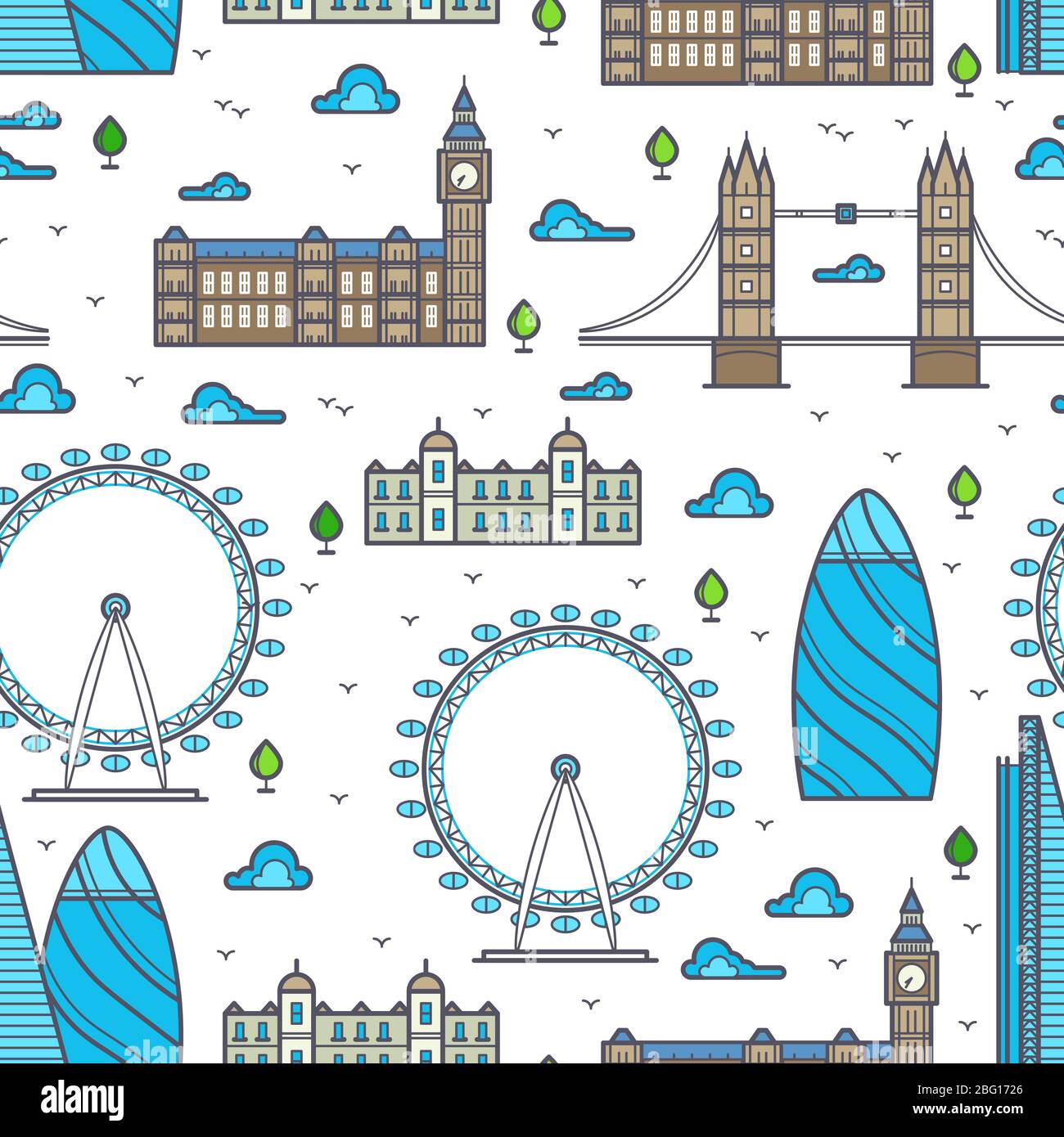 Line London ponti, skyline e luoghi di interesse modello senza cuciture. Illustrazione vettoriale Illustrazione Vettoriale