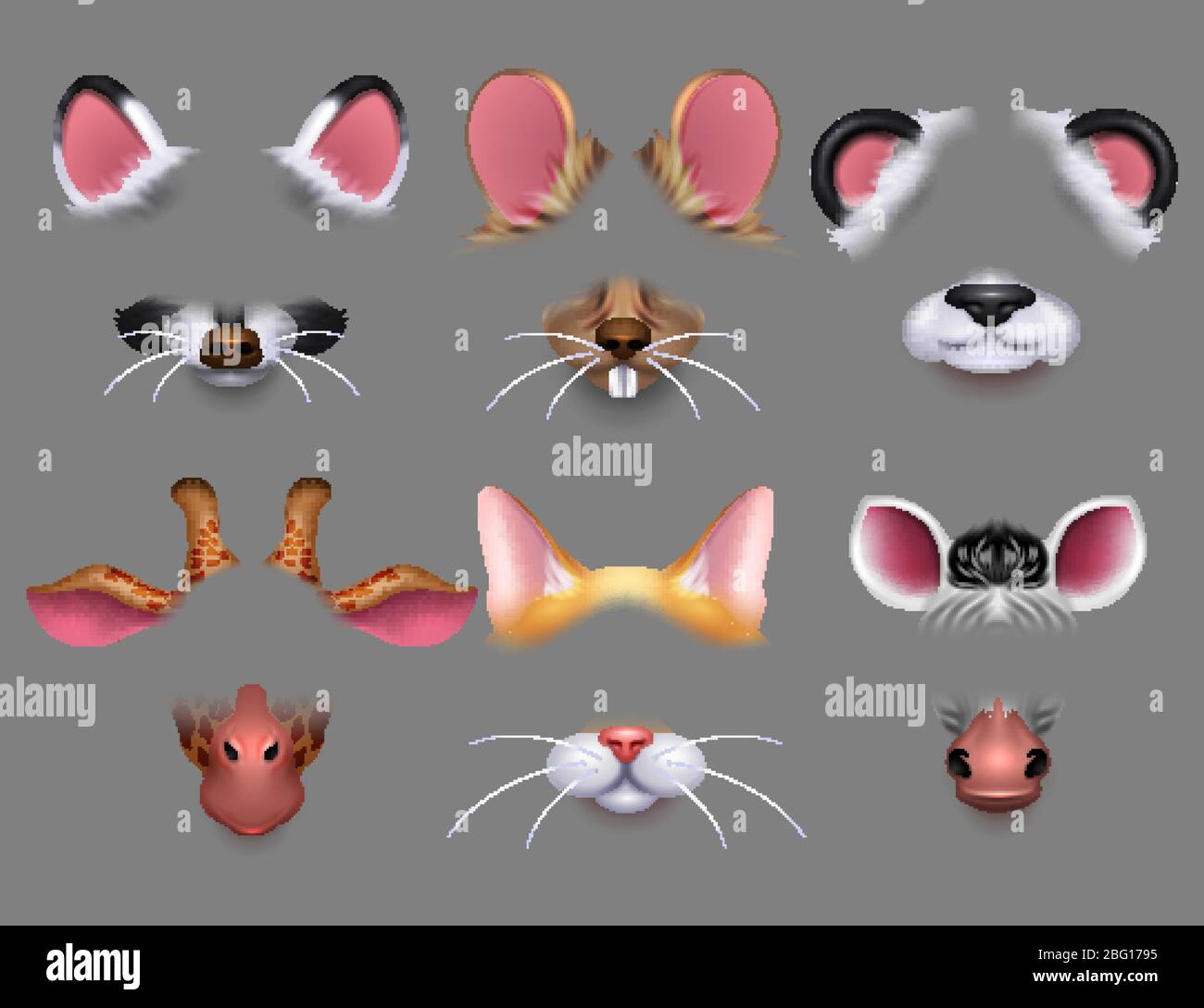 Simpatici filtri per orecchie e naso per effetti video. Simpatici animali volti maschere per cellulare vettore set. Avatar di caratteri animali per applicazioni selfie Illustrazione Vettoriale