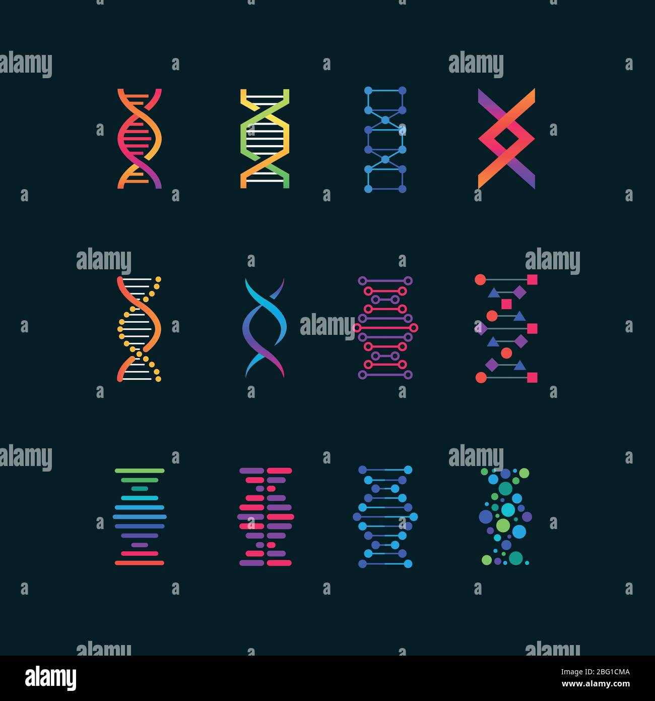 Simboli della tecnologia di ricerca del dna umano. Icone vettoriali a spirale per biomedica. Ricerca chimica e medicina, illustrazione genomica di Helix Illustrazione Vettoriale
