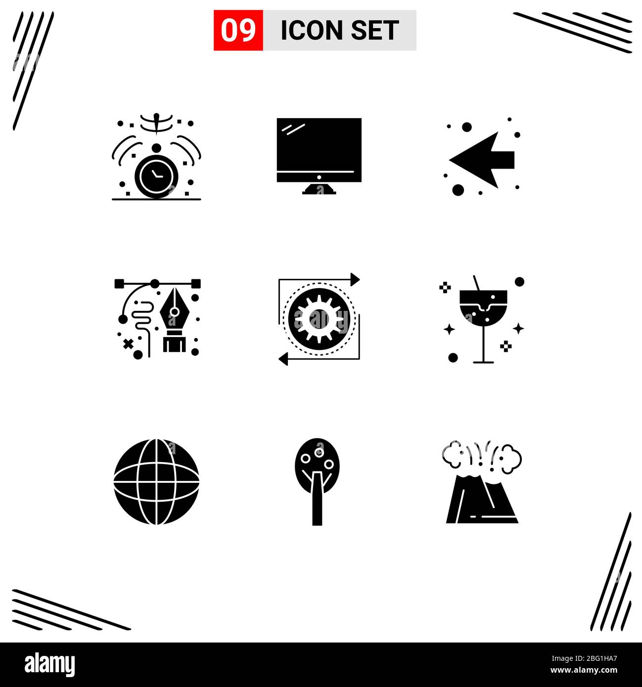 Set di 9 Universal Solid Glyphs per applicazioni Web e mobili, business, penna, pc, disegno, art Editable Vector Design Elements Illustrazione Vettoriale