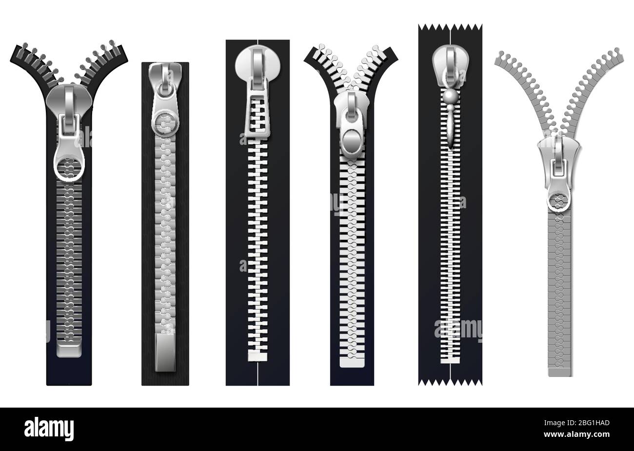 Dispositivi di fissaggio per indumenti, cerniere in metallo, set vettoriale isolato. Chiusura lampo moda, zip per l'illustrazione di abbigliamento Illustrazione Vettoriale