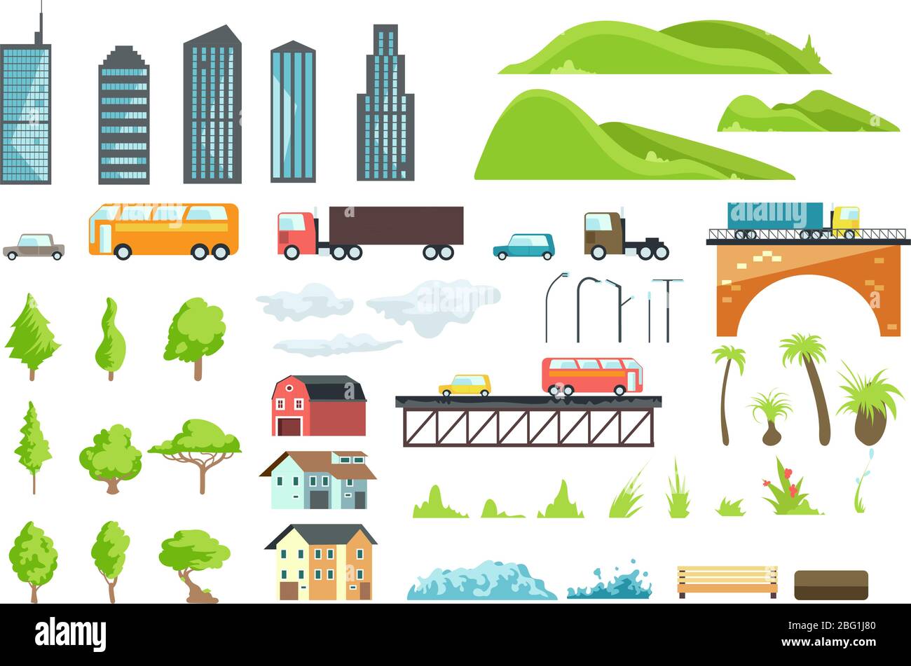 Elementi vettoriali di mappa della città con trasporto urbano, strada, alberi ed edifici. Illustrazione di ponte e automobile, erba verde e banco per interf Illustrazione Vettoriale