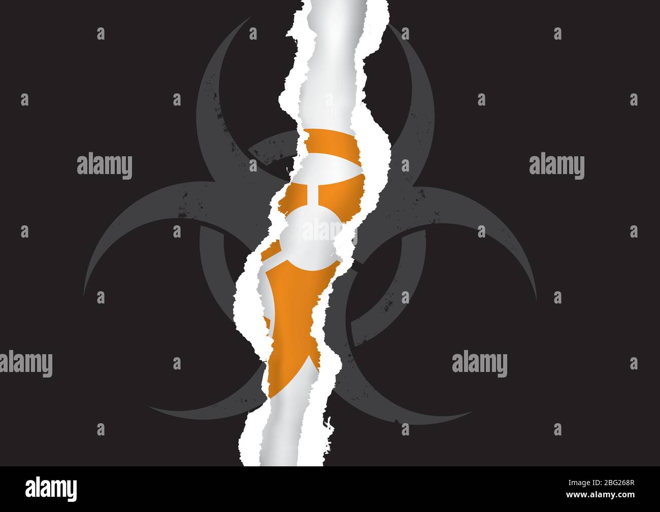 Carta strappata con simbolo di rischio biologico, pericolo nascosto. Immagine della carta nera strappata all'indietro con icona gialla a rischio biologico. Vettore disponibile. Illustrazione Vettoriale