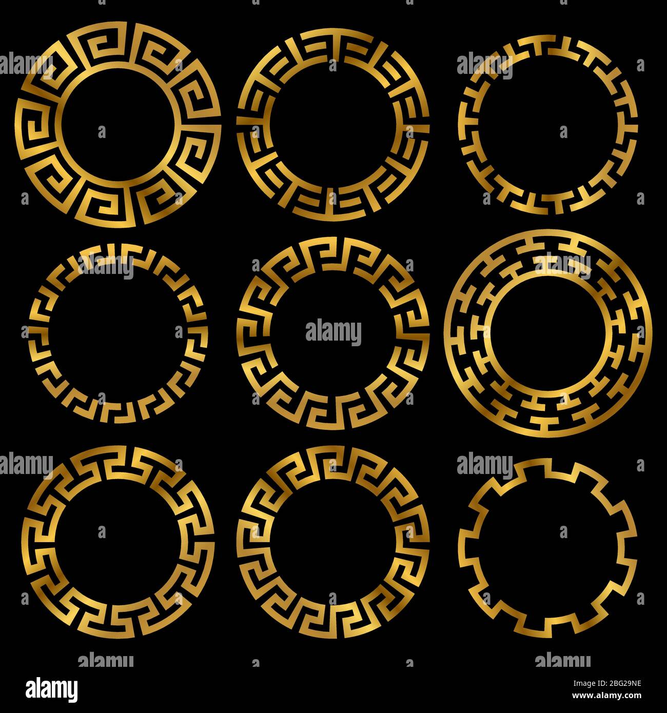 Ornamento antico greco dorato a cornice rotonda. Antico cerchio d'oro greco, classico cerchio antico. Illustrazione vettoriale Illustrazione Vettoriale