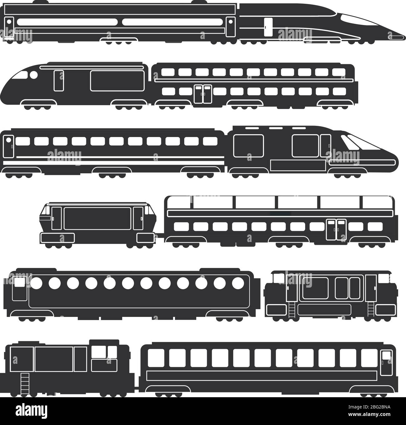 Treni e carri silhouette nere per il trasporto merci e passeggeri su rotaia vettoriale. Trasporto in treno silhouette nera, locomotiva passeggeri illustra Illustrazione Vettoriale