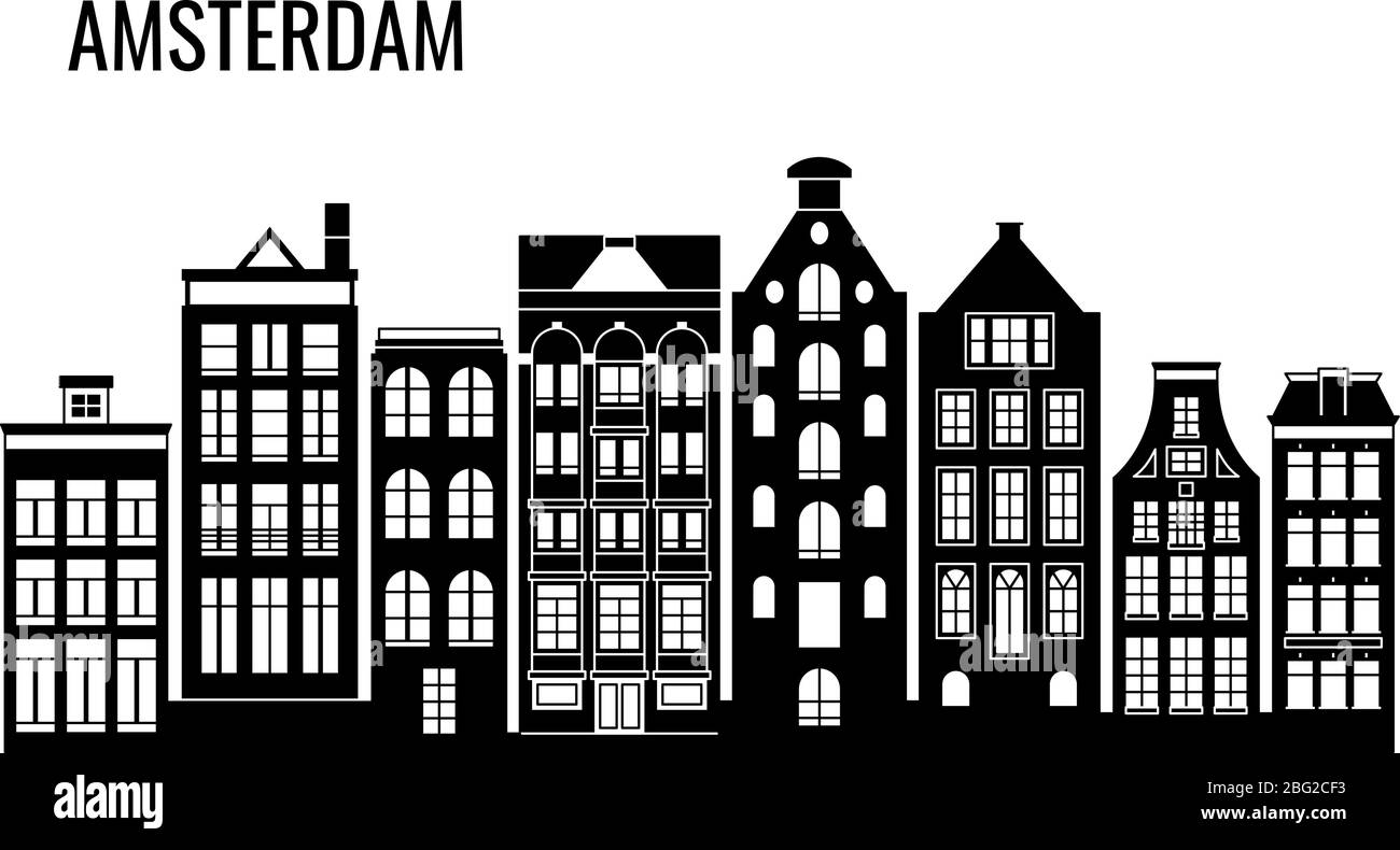 Fila di Amsterdam antica tipica ospita silhouette vettoriali. Illustrazione dell'edificio amsterdam facciata, architettura urbano Illustrazione Vettoriale