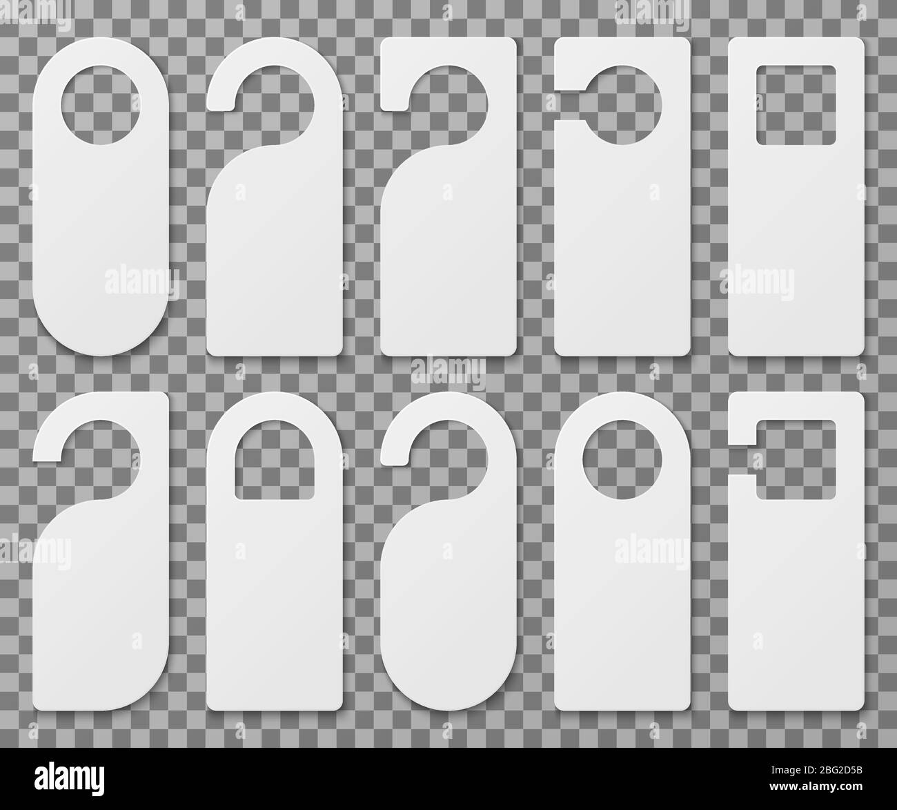 Bianco vuoto porta hotel appendini porta isolato modello vettore. Appendiabiti etichetta vuota sulla porta dell'illustrazione della camera dell'hotel Illustrazione Vettoriale