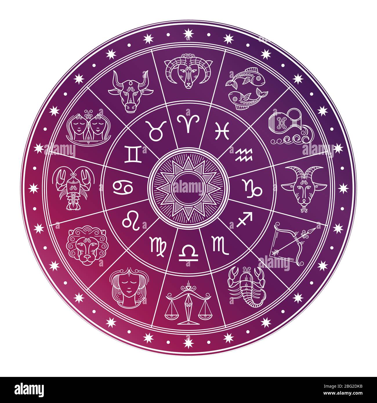 Cerchio di oroscopo astrologico luminoso e bianco con segni zodiacali isolati su sfondo bianco. Illustrazione vettoriale Illustrazione Vettoriale