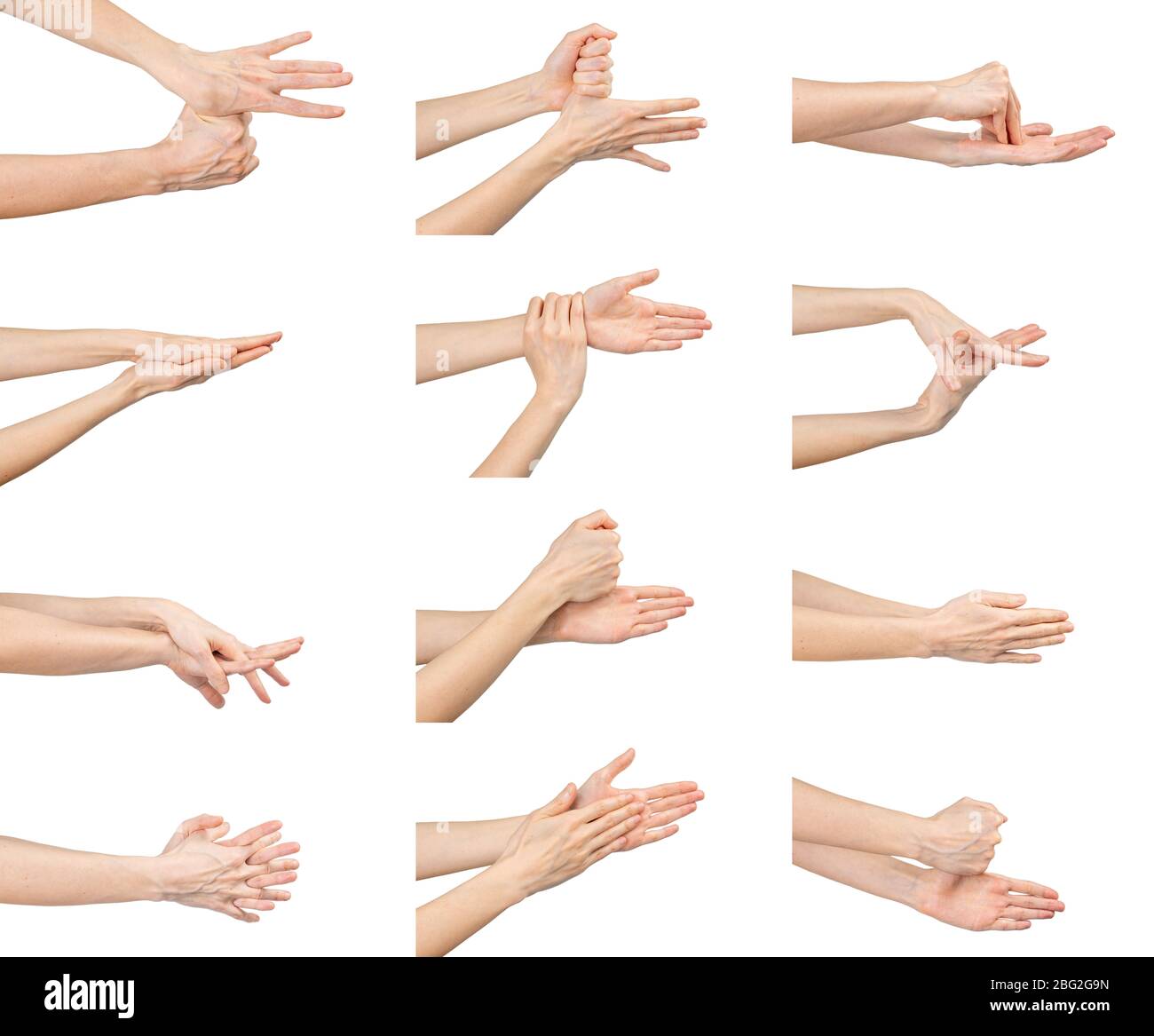 Set di donna caucasica lavando le mani isolate su sfondo bianco. Dimostrazione del lavaggio delle mani. Concetto di igiene e prevenzione coronavirus. Foto Stock