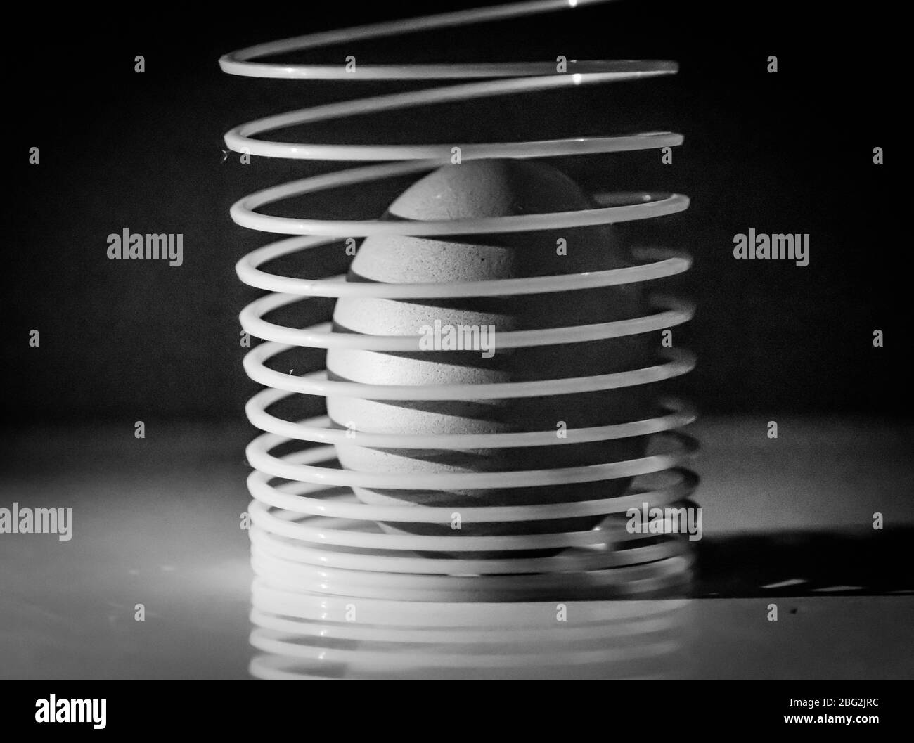 Un'immagine artsy in bianco e nero di un uovo all'interno di una primavera Foto Stock