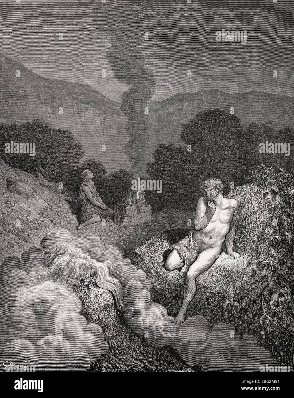 Caino e Abele offrono i loro sacrifici, Antico Testamento, tagliati in legno da Gustave Doré Foto Stock