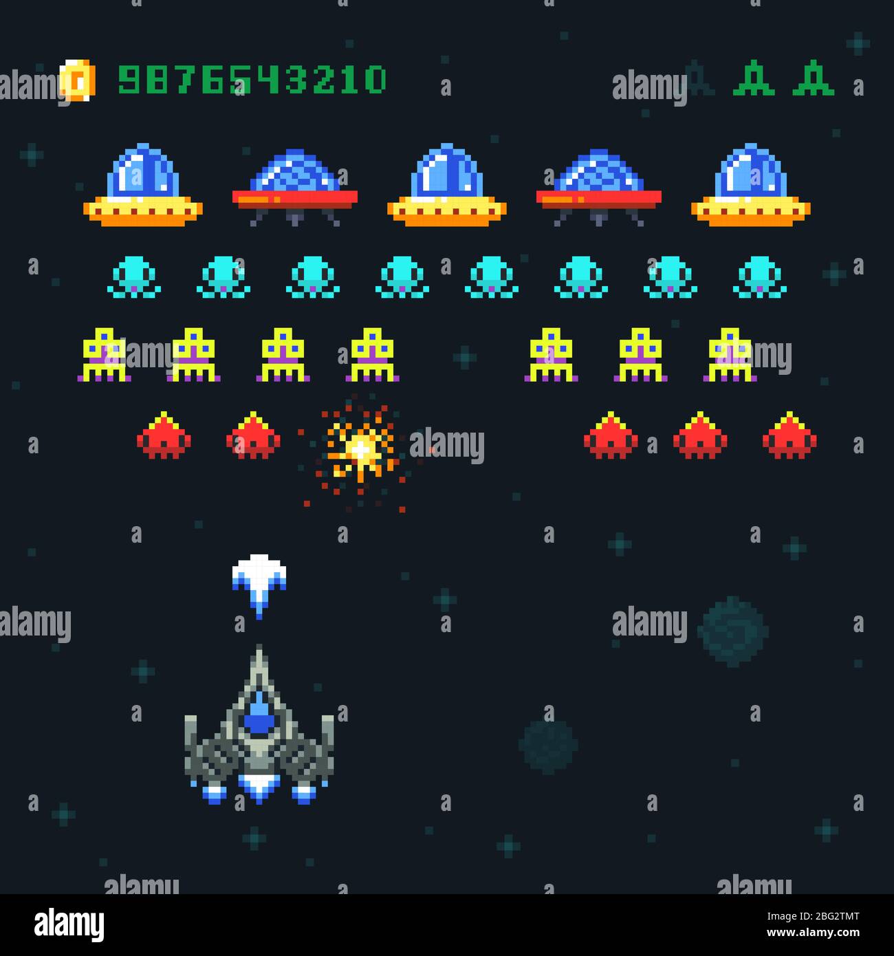 Vintage video spazio arcade gioco vettore pixel design con astronave sparare proiettili e alieni. Vecchio video gioco pop pixel retrò con i mostri galassia il Illustrazione Vettoriale
