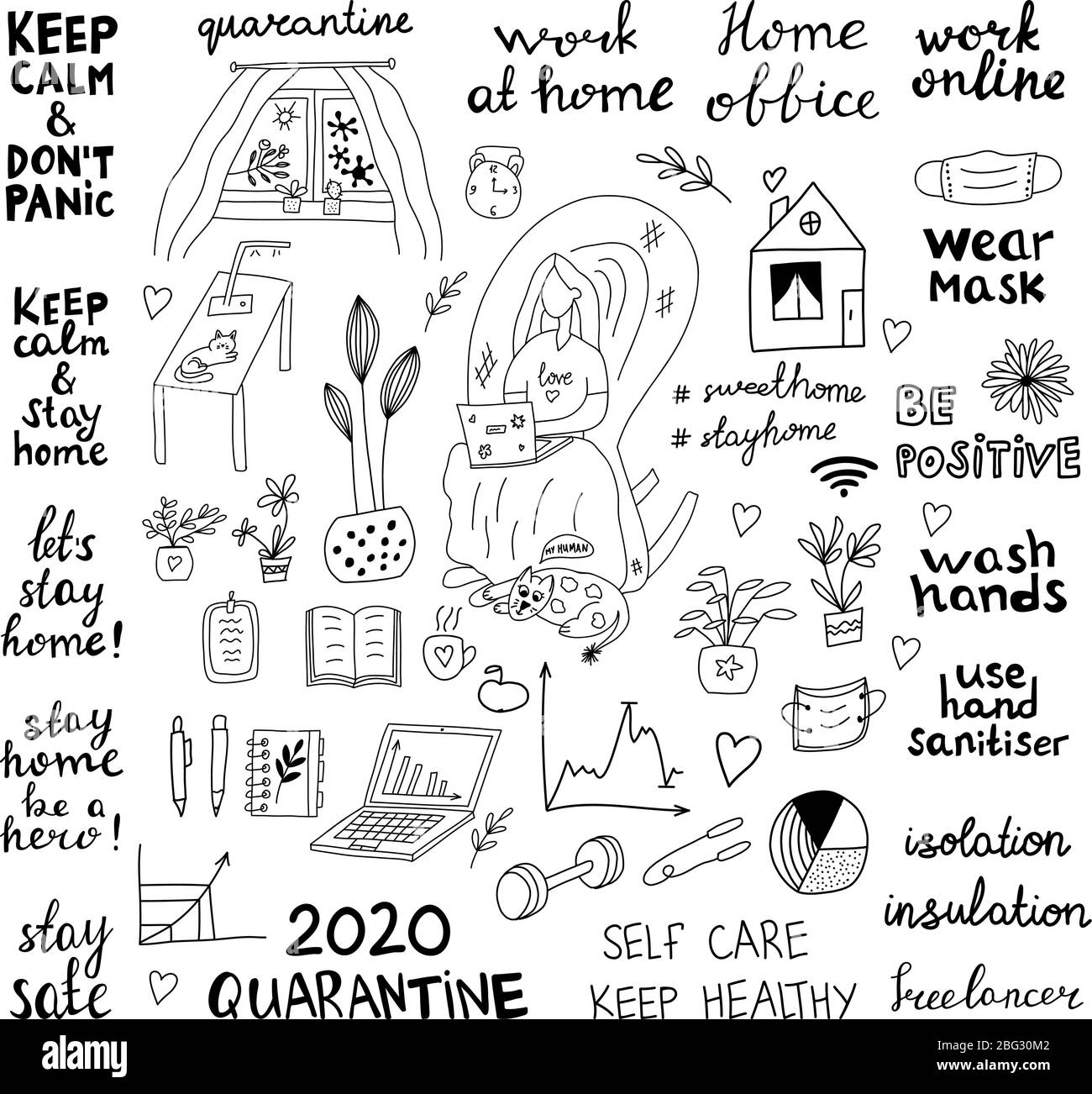 Doodle disegnato a mano si è regolato circa isolamento e coronavirus. Caratteri ed elementi semplici. Ragazza seduta su una poltrona che lavora su un computer portatile. Nella finestra Illustrazione Vettoriale