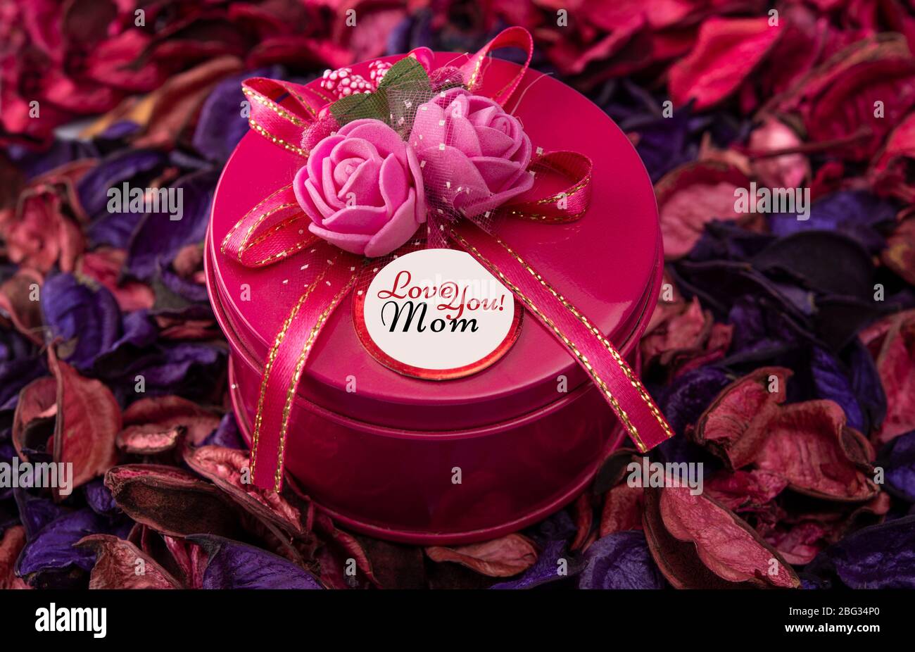 Love you mom wrritten su scatola regalo rossa per la madre giorno presente Foto Stock