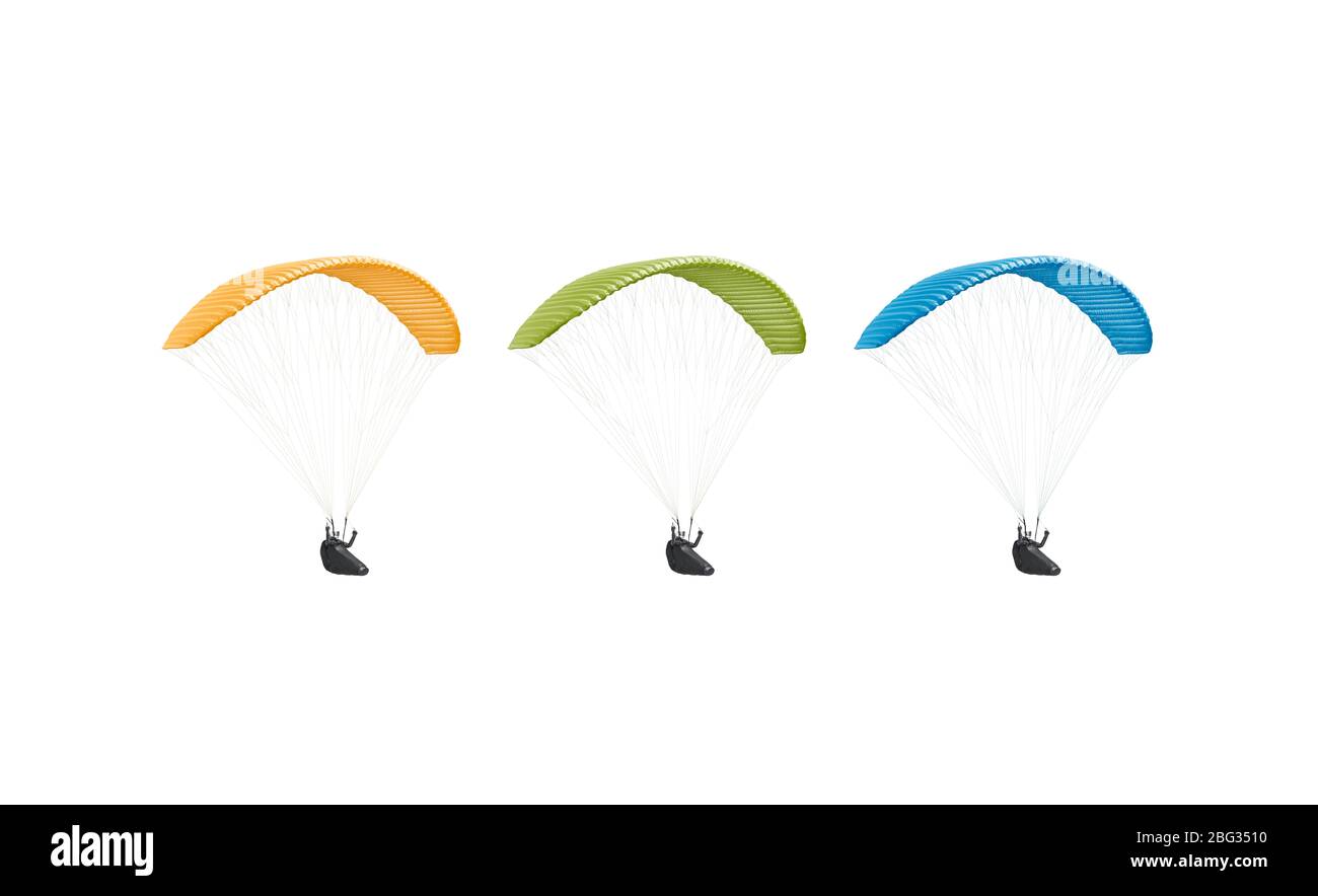 Parapendio colorato in bianco con persona in imbragatura set, isolato Foto Stock
