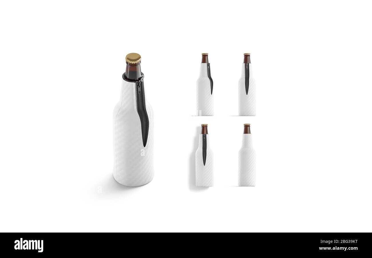Bianco bianco boccale pieghevole bottiglia di birra koozie mockup, diverse viste Foto Stock