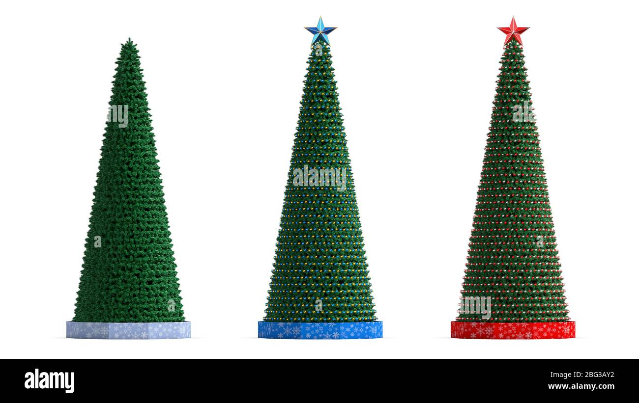 Grande città isolata grande albero di Natale decorato con ghirlland e giocattoli con la stella sulla parte superiore 3d illustrazione su sfondo bianco Foto Stock