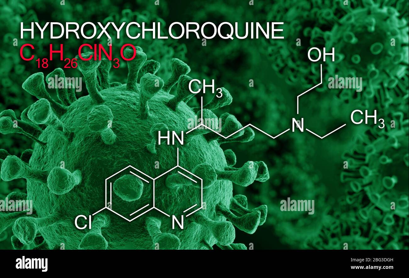 Idrossiclorochina, clorochina formula di sostanza medicinale usata nel trattamento del coronavirus, SARS-cov-2. Attivo nella terapia di supporto COVID-19. Foto Stock