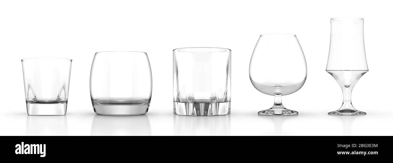 Set di occhiali da whisky scotch bourbon isolato su sfondo bianco, illustrazione 3d ad alta risoluzione. Raccolta Foto Stock