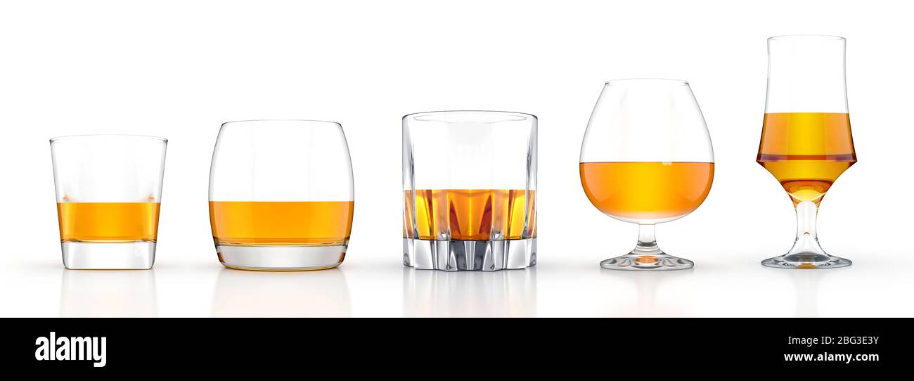 Set di occhiali da whisky scotch bourbon isolato su sfondo bianco, illustrazione 3d ad alta risoluzione. Raccolta Foto Stock