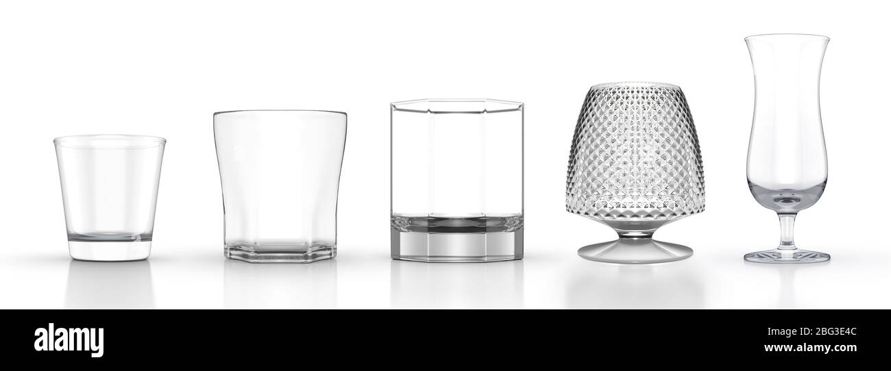 Set di occhiali da whisky scotch bourbon isolato su sfondo bianco, illustrazione 3d ad alta risoluzione. Raccolta Foto Stock