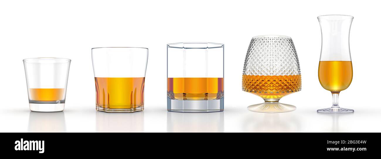Set di occhiali da whisky scotch bourbon isolato su sfondo bianco, illustrazione 3d ad alta risoluzione. Raccolta Foto Stock