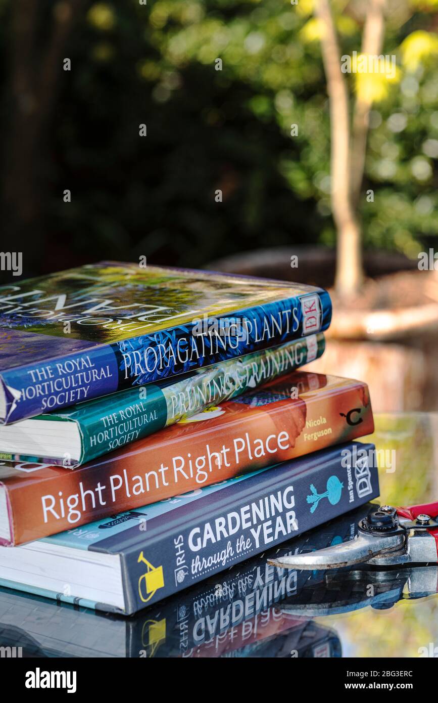 Libri da giardino su un tavolo esterno con alcuni secateurs. Foto Stock