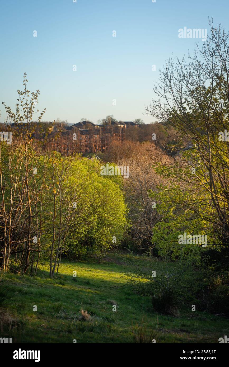 Bella primavera EveningView su Glasgow da un parco verde nel Southside Foto Stock