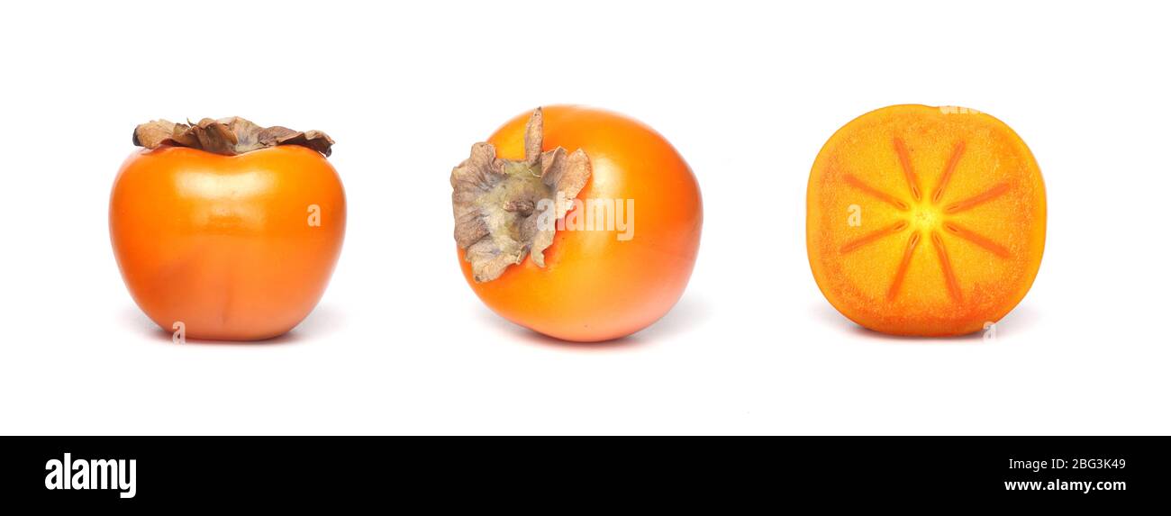 Frutta di persimmon isolata su sfondo bianco. Persimmon fresco e arancione. Set di persimmons. Raccolta. Foto Stock