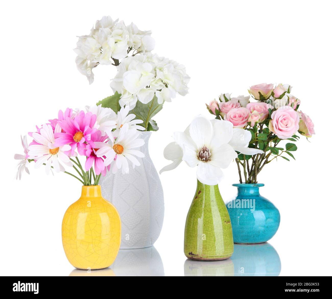 Bellissimi vasi con fiori isolati su bianco Foto Stock