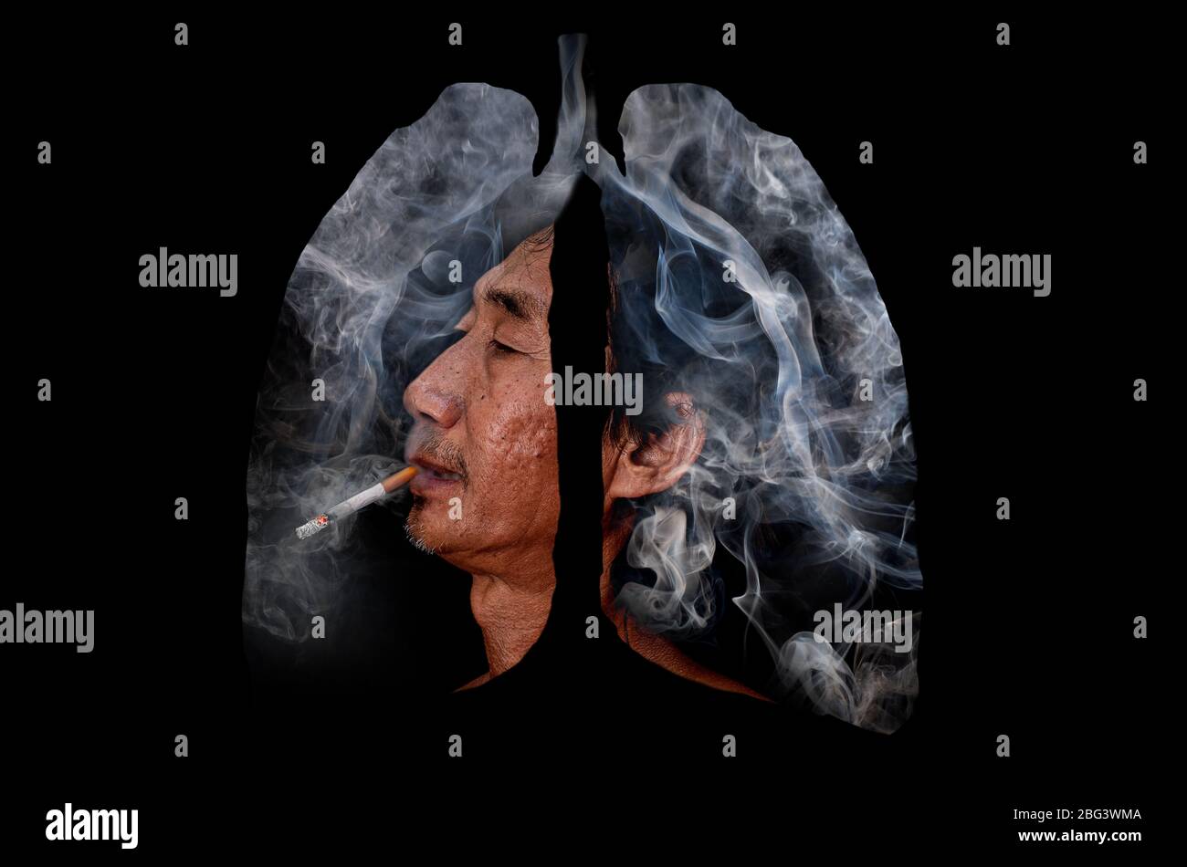 Illustrazione del vecchio e fumo tossico e formazione di fuoco di fiamma modellato come il polmone umano, il concetto di sigaretta fumatore polmoni su nero backgrou Foto Stock