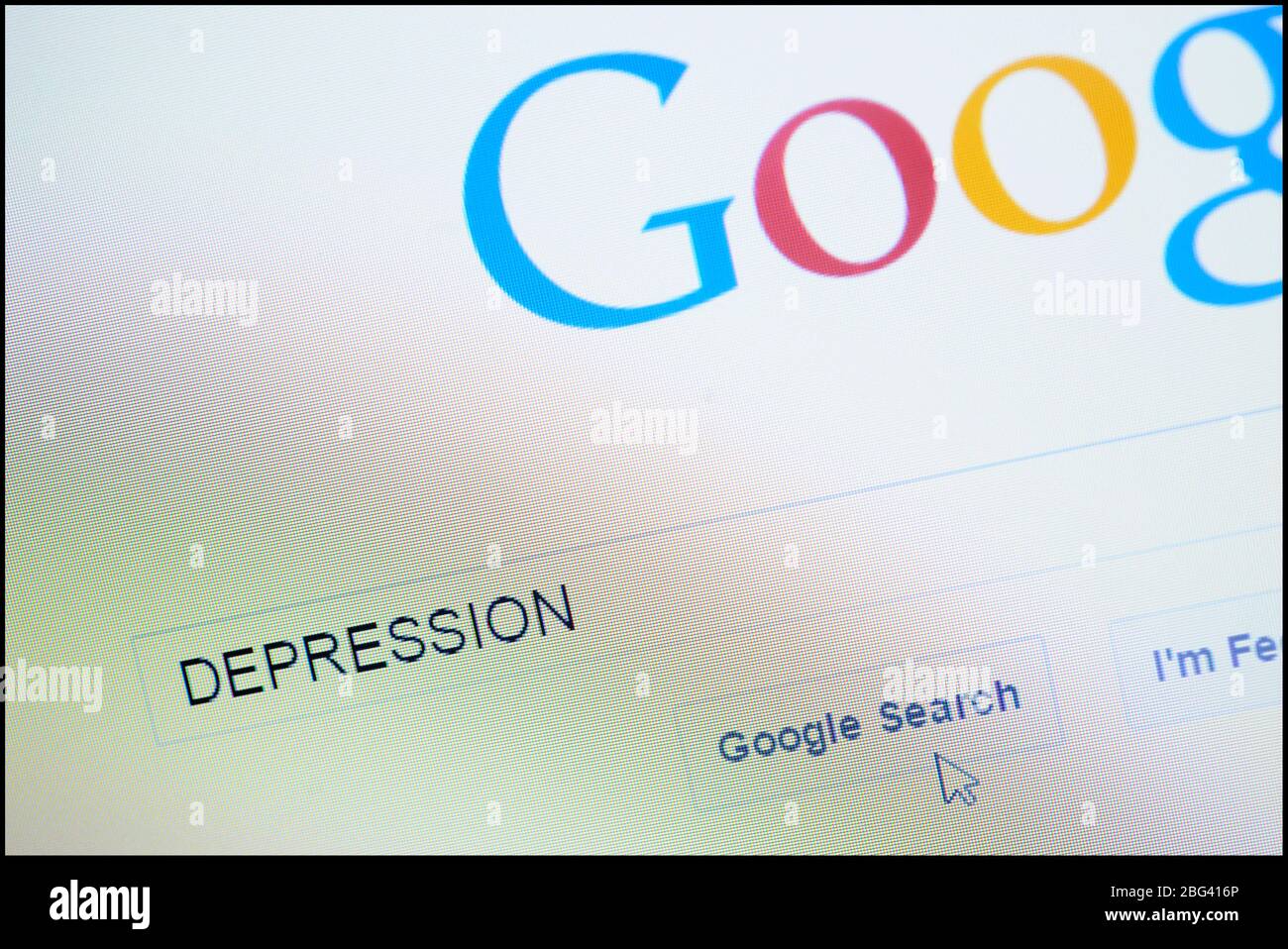 Depressione digitata nella barra di ricerca sulla homepage di Google Foto Stock