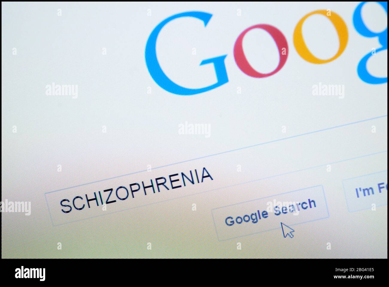 Schizofrenia digitata nella barra di ricerca sulla homepage di Google Foto Stock